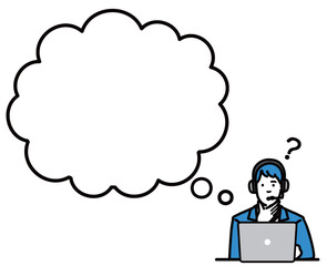 ラップトップの前に座って吹き出しで考えているオペレーターの若い男性
