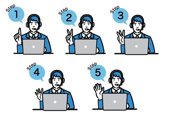 ラップトップの前に座って手順について説明をしているオペレーターの若い男性のセット
