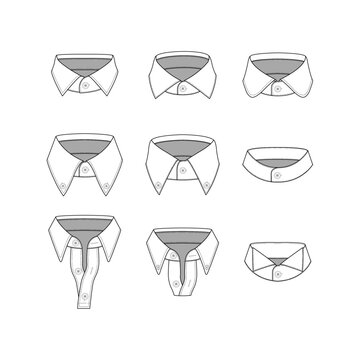 Different types of collars for men's shirts.
A set of neckbands and collars. 
A bunch of hand-drawn shirt's collar.
Hand-drawn collar and shirt neck line vector drawings for clothes and fashion items.