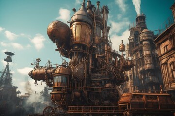 Fototapeta na wymiar Towering steampunk machines in fantastic cityscape. Generative AI