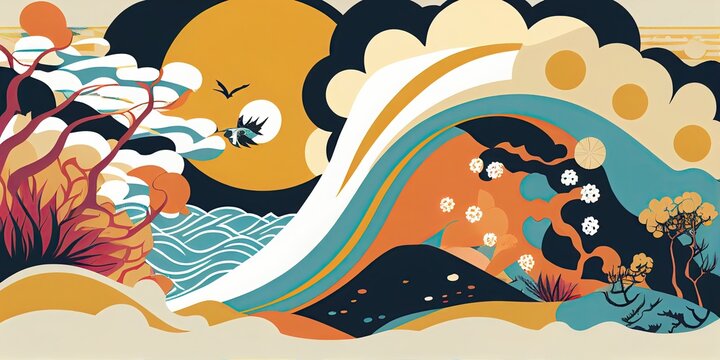 Traditional Japanese Ukiyoe warm color wave of Mount Fuji lapping high in the sky. Abstract Elegant Modern AI-generated Illustration
