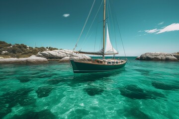 Fototapeta na wymiar A sailboat floating in the green lagoon. Generative AI