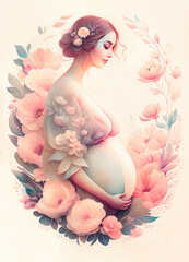 Fototapeta na wymiar Radiant Blossom: A Delicate Watercolor Illustration of a Pregnant Woman Amongst Flowers.