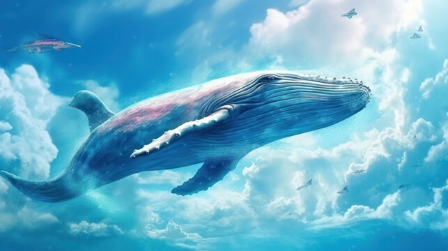 Blue whale swimming or flying in mystic sky ocean through colorful clouds galaxy in the world. Generative AI.