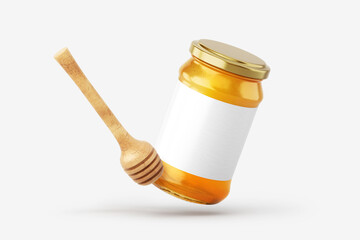 Glass jar of honey with blank label over white background. Mock up. 3D illustration, 3D rendering.