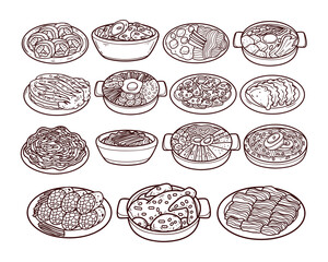Set of Korean food hand-drawn outline sketch illustration