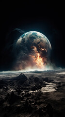 Fototapeta premium Collision of planets in space. Global catastrophe on earth, view from the lunar base Generative AI
