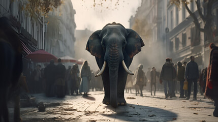 Elephant in the city walking. Generative AI