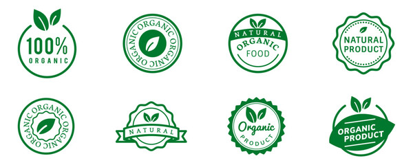 A collection of vegan organic products. Organic eco logo templates. Vegan eco, bio eco on a white background. EPS 10 - obrazy, fototapety, plakaty
