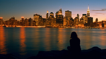 A vibrant New York City skyline during the golden hour. The panoramic view features modern...