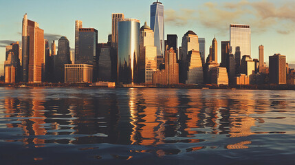 Fototapeta premium A vibrant New York City skyline during the golden hour. The panoramic view features modern skyscrapers reflecting blue, orange, and yellow hues on the water, Created with generative Ai Technology.
