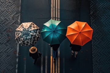 top view of people walking with umbrellas