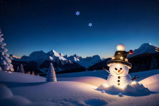 Illustration of a cute snowman in winter landscape. Concept for winter seasonal greetings.