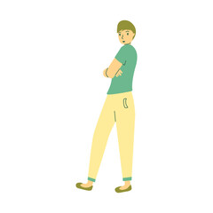Young smiling guy standing sideways with her arms crossed over her chest. Confident man, successful employee, team worker. Colorful vector isolated illustration hand drawn