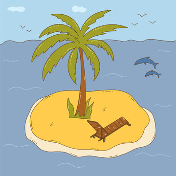Small island in the sea or ocean. Palm tree and beach chair. Dolphins diving in the distance and birds are flying. Hot summer season. Colorful vector illustration hand drawn