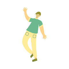 Young guy, student or teenager waving happily. Cheerful man, good-natured person. Greeting or introduction. Colorful vector isolated illustration hand drawn
