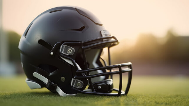 Closeup photo of football rugby helmets on grass stadium background isolated on blurred soft focus. The concept of rivalry on the field between two teams in American football team. Generative ai