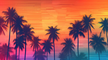 Fototapeta na wymiar A colorful sunset with palm trees in the foreground. Generative AI.