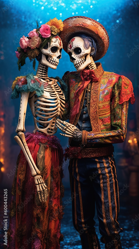 Poster a couple of skeletons standing next to each other. ai generative. day of the dead picturesque displa