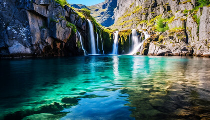 Fototapeta na wymiar Super magical waterfall with scenic clear blue water in the mountains