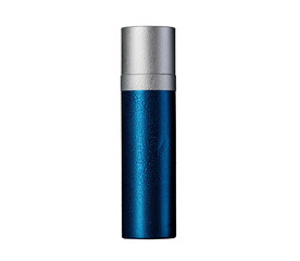 Blue aluminum spray can with droplets for mousse, deodorant, shaving foam, perfume product design mock-up isolated on white background