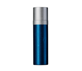 Blue aluminum spray can with droplets for mousse, deodorant, shaving foam, perfume product design mock-up isolated on white background
