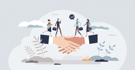 Partnership and business partners deal or agreement tiny person concept. Successful company collaboration with cooperation or teamwork vector illustration. Union with trust and professional relations - obrazy, fototapety, plakaty