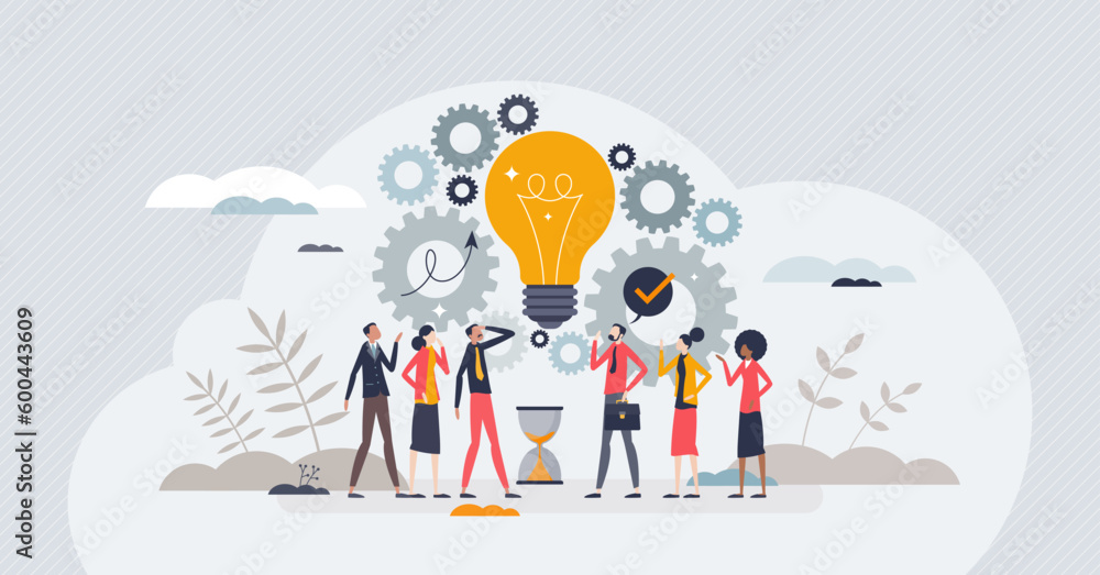 Poster innovation and creative mechanical solution as business tiny person concept. new startup idea with m