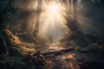 A mystical forest clearing illuminated by divine light. Generative AI