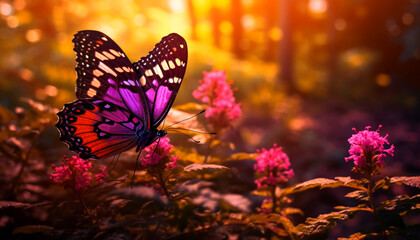 magical butterfly on beautiful flower in a peaceful forest with a nice sunset