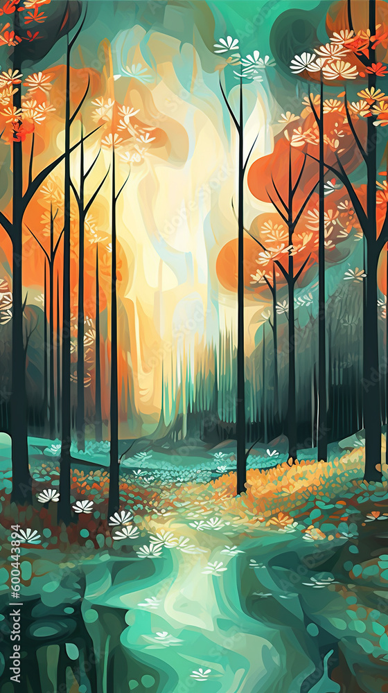 Poster a painting of a forest with a stream running through it. generative ai.