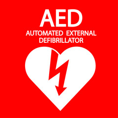 AED,automated external defibrillator / aed sign with heart and electricity symbol flat vector icon	