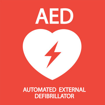 AED,automated external defibrillator / aed sign with heart and electricity symbol flat vector icon	