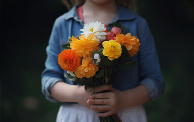 Cute little girl with a beautiful bouquet of flowers in her hands