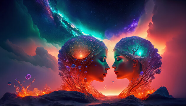 Starry Night: A Psychedelic Portrait of Twin Souls on an Astral Journey of Love and Cosmic Unity.