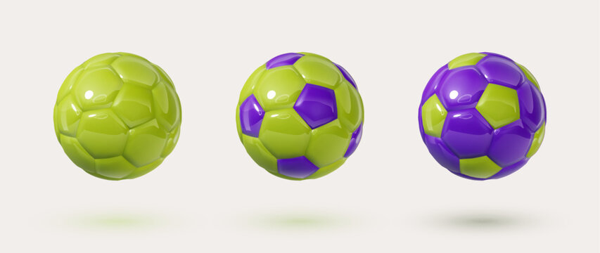 Green and violet, purple glossy football balls isolated design elements on white background. Colorful soccer balls collection. Vector 3d design elements. Sports close up icons