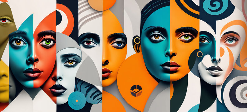 Fototapeta Geometric Woman: A Colorful Pop Art Collage of Female Silhouettes.