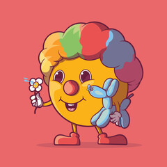 An Emoji character dressed as a clown holding a ballon vector illustration. Funny, imaginative, and sharing design concepts.