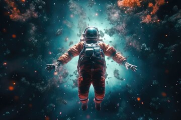 Fototapeta na wymiar Astronaut floated effortlessly in space. His bulky suit a stark contrast to the infinite blackness of the universe. Technology concept. Generative AI