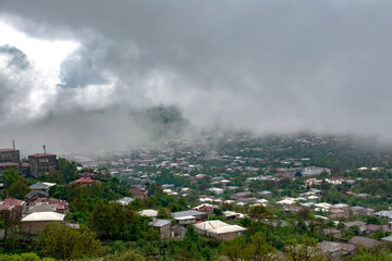 City in the fog. City of Goris from a bird's eye view