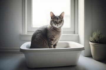 Domestic cat sitting in litter box. Generative AI illustration