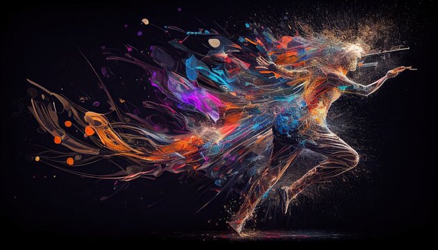 Abstract Elegant Modern AI-generated illustration of an active running woman and her trajectory afterimage on black background