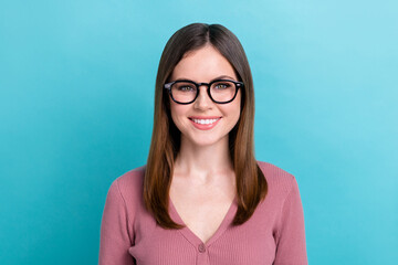 Photo of young girl wear pink shirt new eyeglasses brown hair best office manager project developer isolated on cyan color background
