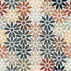 Abstract geometric floral pattern. Multicolored stylized flowers in orange, brown, and green on a white background. Graphic textile texture. Decorative vector illustration. 