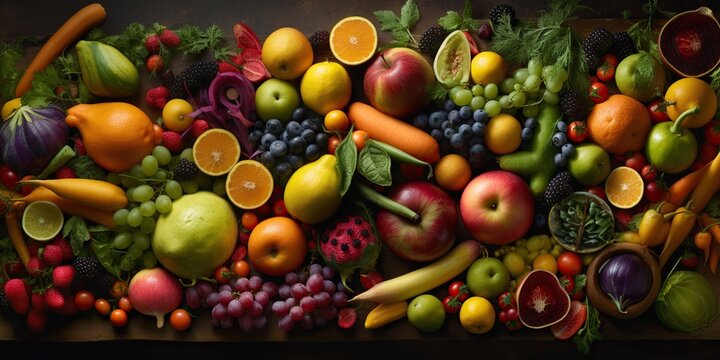 An assortment of fresh, colorful fruits and vegetables arranged artistically, concept of Nutrient density, created with Generative AI technology
