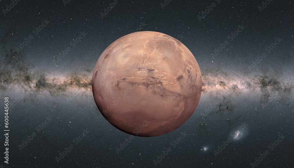 Poster View of Mars from outer space with millions of stars around it Milky Way galaxy in the background 