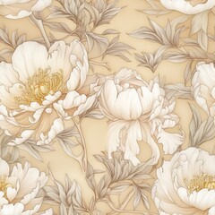Seamless peony boho floral design, monochrome beige and orange colors, intricate flowers, AI generative background Generative AI