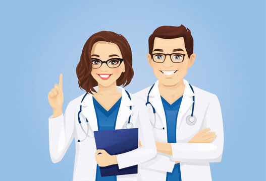 Portrait of male and female doctors or nurses. Man and woman team profession characters vector illustration
