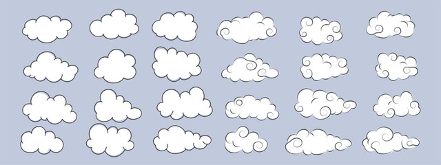 Set of cartoon different cloud icon in a flat design vector illustration. Isolated on blue background.
