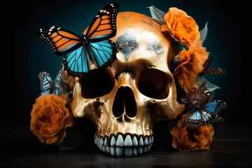 Papier Peint photo autocollant Crâne aquarelle halloween design bone flower death skeleton art butterfly skull illustration. Generative AI.